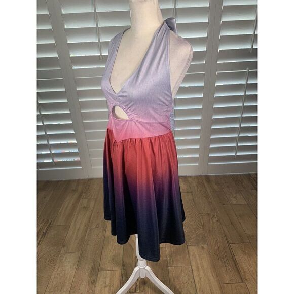 NEW Halter Dress Large Purple Ombre Backless Lightweight Cut Outs Fit Flare - Picture 8 of 11